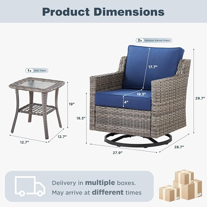 Belord Patio Wicker Swivel Rocker Patio Chairs with Side Table, Outdoor Rattan Chairs for Deck Porch Garden, 3 Piece Luxury Patio Furniture Set, Blue