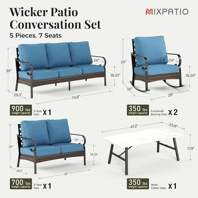 MIXPATIO Patio Furniture Set with Coffee Table, Outdoor Conversation Set with 2 x Rocking Chairs, 1 x 2-Seat Sofa, 1 x 3-Seat Sofa for Lawn Garden Backyard, Navy Blue