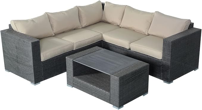 Tangkula Outdoor Furniture 4 Piece, Sectional Sofa with Coffee Table All-Weather Proof Heavy Duty Steel Frame Couch Set for Garden, Balcony, Poolside, Patio, Grey Conversation Set