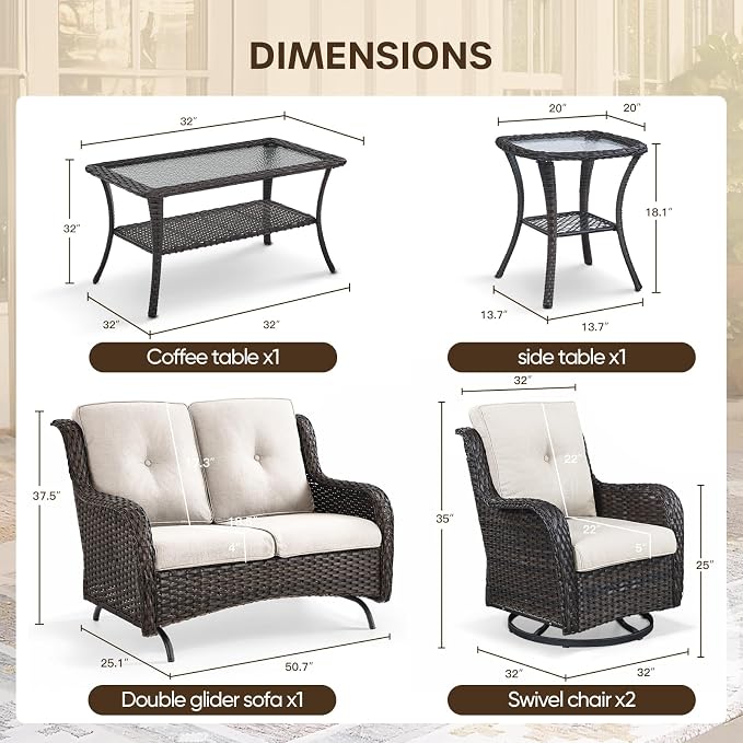 Patio Loveseat Glider Set, Resin Wicker Loveseat Glider with 2 Swivel Patio Chiars Coffee Table and Side Table, 5 Piece Patio Furniture Loveseat Set, Brown Wicker|Beige Cushions