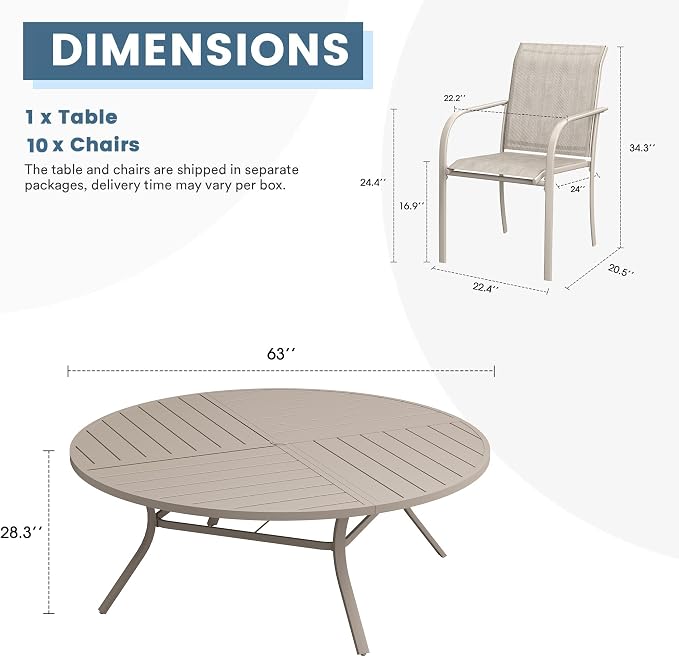 DIFY 11 Pieces Outdoor Patio Dining Set for 10, 63" Round Metal Patio Table and 10 Stackable Textilene Patio Chairs, Outdoor Table and Chairs for Backyard Garden Poolside, Sandshell