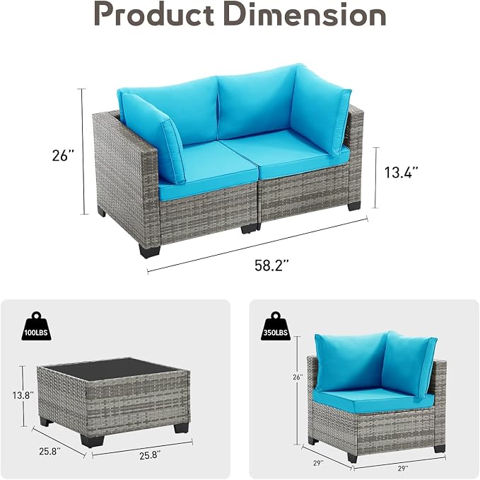Bonzy Home 3 Pieces Outdoor Patio Furniture Set, PE Rattan Outdoor Sectional Furniture Sofa Set with Removable Cover and Glass Coffee Table, Patio Sofa for Balcony, Porch, Garden, (Grey-Turk Blue)