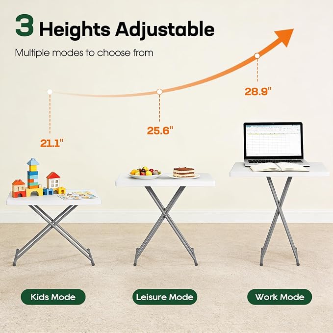 BestOffice 30 Inch Picnic Table, Utility Foldable Tray Table for Small Spaces, Small Desk Adjustable Height for Party Event, Camping, White