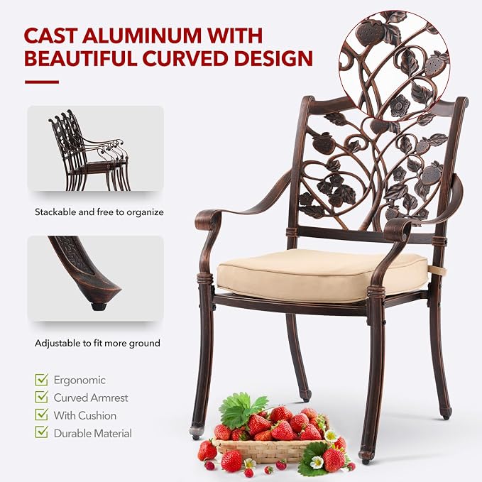 7 Piece Strawberry Outdoor Dining Set Cast Aluminum Retro Patio Dining Set for 6 Includes 59” Rectangular Table and 6 Chairs with Thicker Cushions and Umbrella Hole for Patio Deck Garden