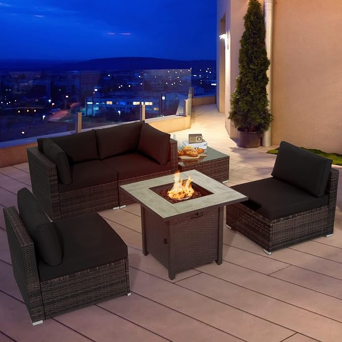 Tangkula 6 Piece Outdoor Rattan Sofa Set with 30in Propane Gas Fire Table, Ceramic Fire Tabletop, 50,000 BTU Heat Output, Cushions & Fire Pit Dust Cover, Patiojoy Weatherproof Wicker Set (Black)