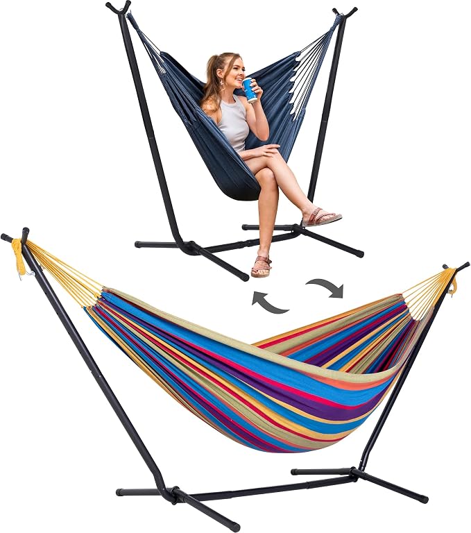 SUNCREAT 2-in-1 Convertible Backyard Fabric Hammock with Stand, Large Hammocks for Outside, Patented, Rainbow