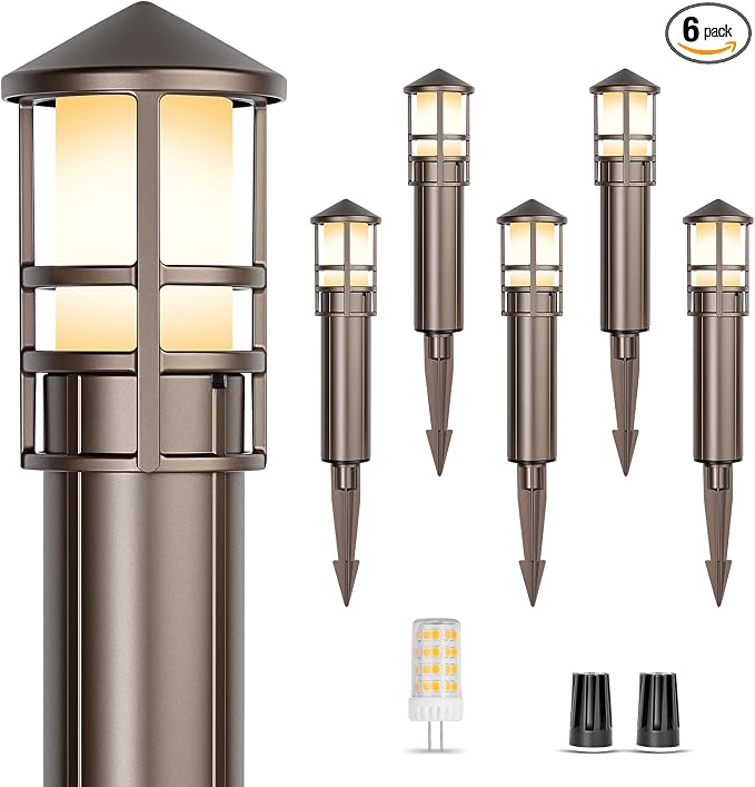 Low Voltage Landscape Pathway Lights, Replaceable G4 Bulb 12V 4W 2700K Outdoor LED Landscape Lighting, Aluminum Waterproof Walkway Lighting, Bollard Path Lights Wired, Bronze 6 Pack