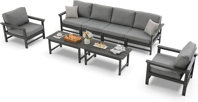 HDPE Outdoor Patio Furniture Set, 8-Piece Sofa Set with 4-Seat Couch, 2 Armchairs & 2 Coffee Tables, Weatherproof Conversation Set with Cushions, All-Weather Waterproof, for Garden, Porch & Backyard