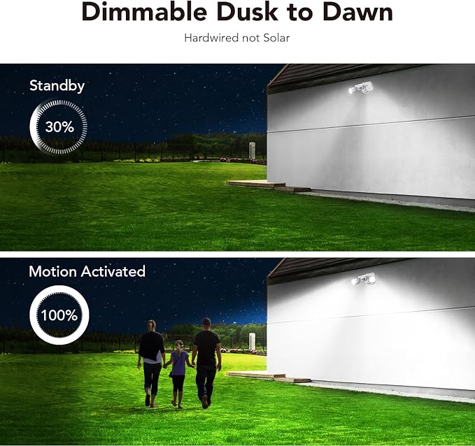 OREiN 2 Pack Motion Sensor Outdoor Lights, 450° Superwide Adjustment Dimmable Dusk to Dawn Flood Lights Outdoor, 5000K 12W=150W Outside LED Security Lights, IP65, White (Hardwired)