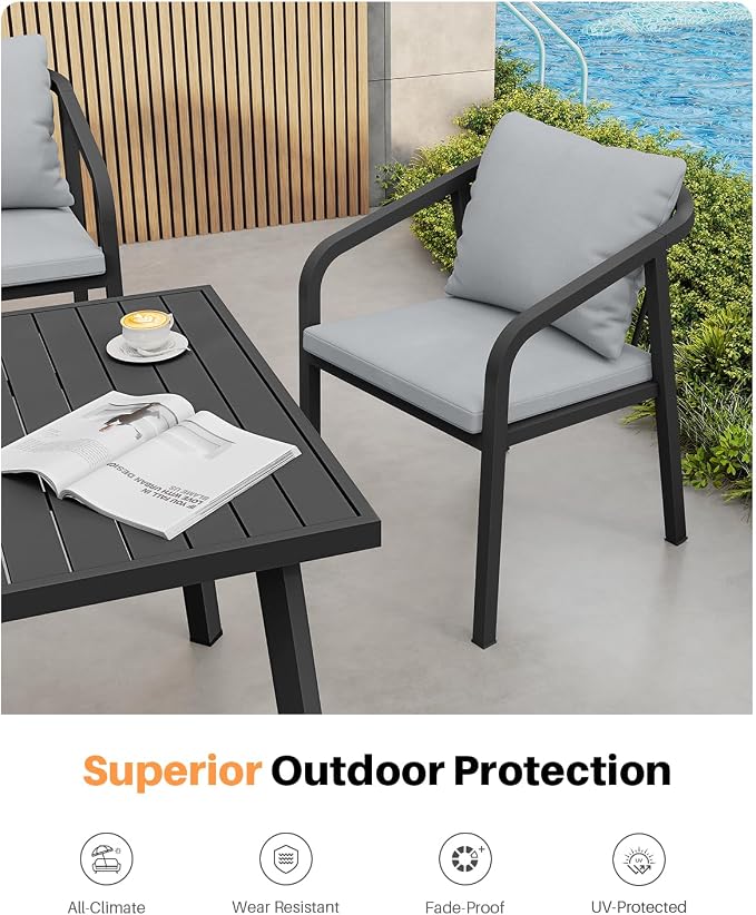 7-Piece Patio Dining Set, Never-Rust Aluminum Outdoor Dining Set for 6, Rectangular Outdoor Table and Chairs Set with Washable Cushions, Patio Furniture Set for Poolside, Lawn, Backyard, Black