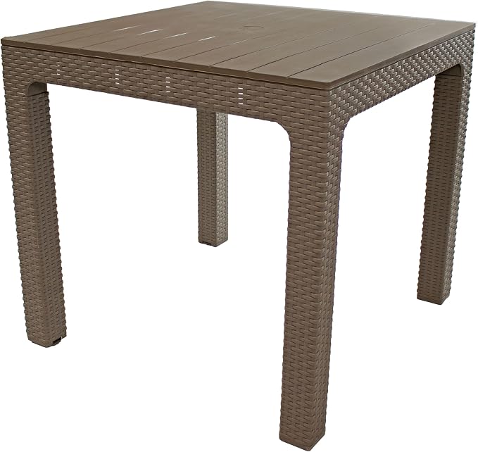 Sunnydaze Plastic Square Patio Table with Umbrella Hole - Faux Woodgrain Top - Indoor or Outdoor Use - Champagne - 29.5" H