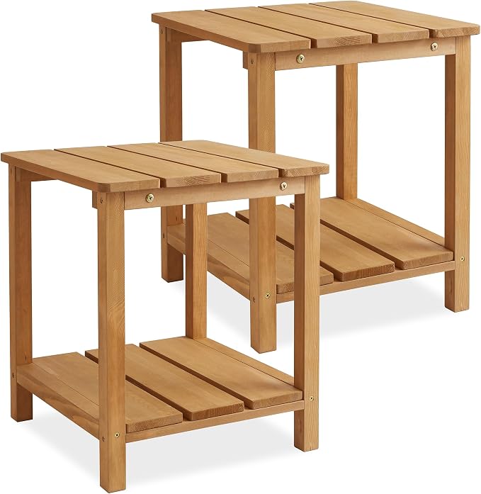 Casafield Adirondack Side Table, Set of 2 Cedar Wood Outdoor End Table with Shelf for Patio, Deck, Lawn and Garden - Natural