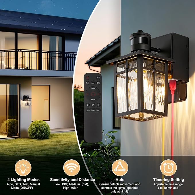 Porch Light with GFCI Outlet with Remote,Dusk to Dawn Motion Sensor Outdoor Light,Upgraded 4 Lighting Modes Black Front Door Light,Waterproof Outside Lights for House Patio Garage Entryway, 2 Pack