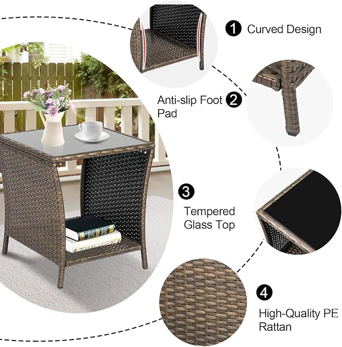 Kinfant Outdoor Wicker Side Table - Patio Square End Table with Steel Frame, Garden Coffee Table with Tempered Glass Top & Extra Storage Shelf for Pool, Lawn, Backyard, Dark Brown, RTET506-F