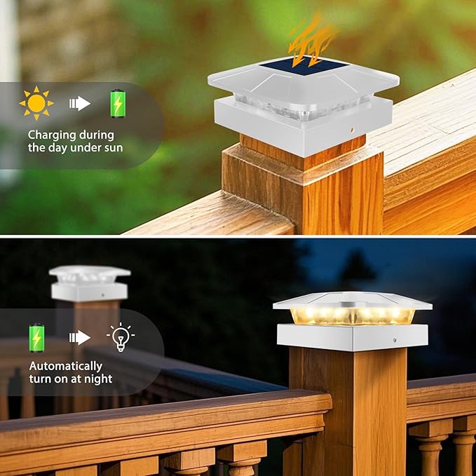 4x4 Solar Post Cap Lights Outdoor with 3 Modes, 2 Packs White Fence Light Solar Powered Waterproof for 3.5×3.5/4x4 Wood/Vinyl Posts for Deck Yard Garden Patio Outside