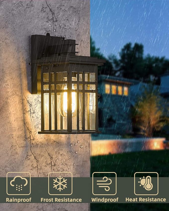 Dusk to Dawn Sensor Outdoor Wall Sconces - HWH Exterior Wall Mount Light Fixture Matte Black, 2-Pack Porch Lights for Garage, Doorway, Balcony, Garden, 5HD27B-PC-2PK BK