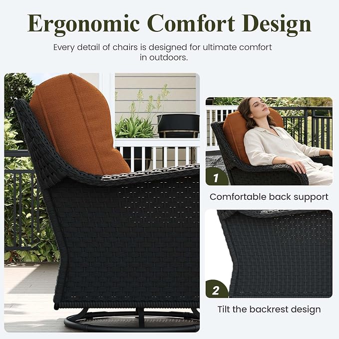 LayinSun 8 Piece Wicker Outdoor Furniture Set with 6-inch Comfy Cushions, High Back Patio Furniture Set with Swivel Rocking Chairs and Fire Pit Table