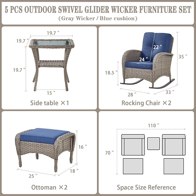 Belord 5 Piece Patio Rocking Chairs Furniture Set - Outdoor Wicker Furniture with Ottomans and Side Table, Rattan Conversation Bistro Set for Porch Deck Balcony