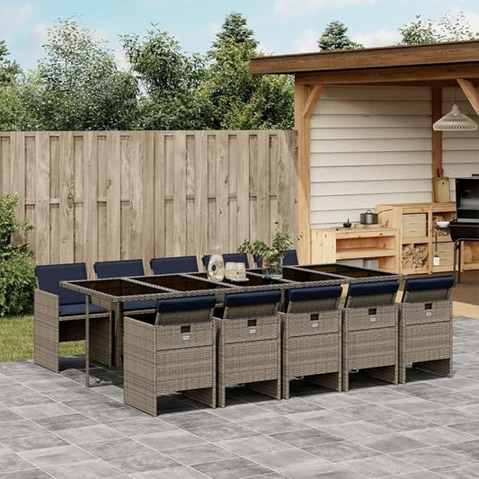 11 Piece Garden Dining Set with Cushions, Grey Poly Rattan Outdoor Patio Furniture for 10 People, Tempered Glass Table with Folding Chairs, UV-Resistant Weatherproof Dining Set 275 106 73 cm Table