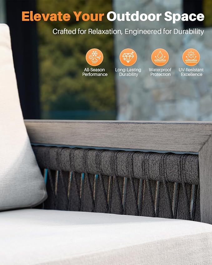Swivel Patio Chairs Set of 2, Outdoor Aluminum Swivel Chairs with Washable Cushions, 2 Pieces Rope Weave Swivel Patio Sofa Armchair, Outdoor Furniture Set for Garden, Porch, Poolside, Gray Oak