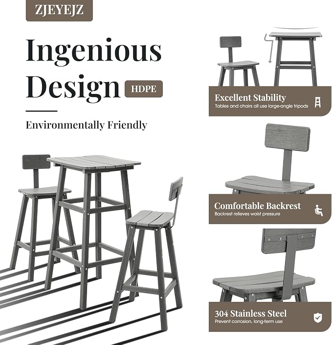 Bar Height Chairs Set of 2, HDPE Front Porch Chairs Set, Weather Resistance Outdoor Bar Stools Set for Spas, Cafes, Swimming Areas, Lodges and Hotels - Grey