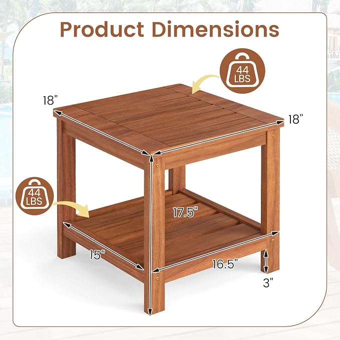 HAPPYGRILL 2-Tier Outdoor Wood Side Table with Storage Shelf, Patio Wooden End Table, Farmhouse Accent Nightstand, for Garden Yard Porch Deck Living Room (2)