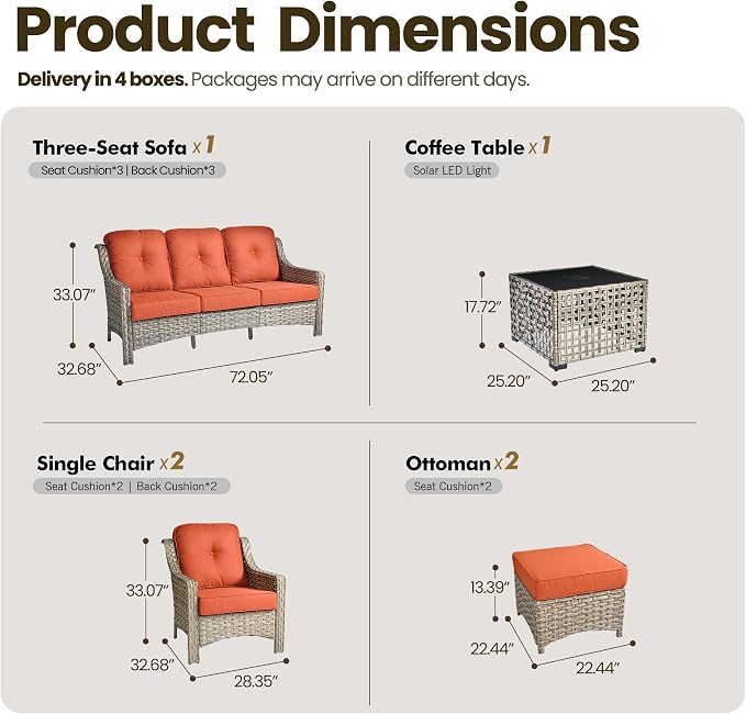 6 Piece Patio Furniture Set with Solar Lights Coffee Table, Outdoor Wicker High Back Sofa Chairs Ottomans with Cushions, All Weather Conversation Set for Backyard Porch Deck, Bold Orange