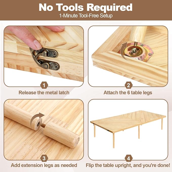 44x22 Low Floor Folding Picnic Table | Portable low table for 4-6, with adjustable height, mortise & tenon joints, and runner for beach picnics.