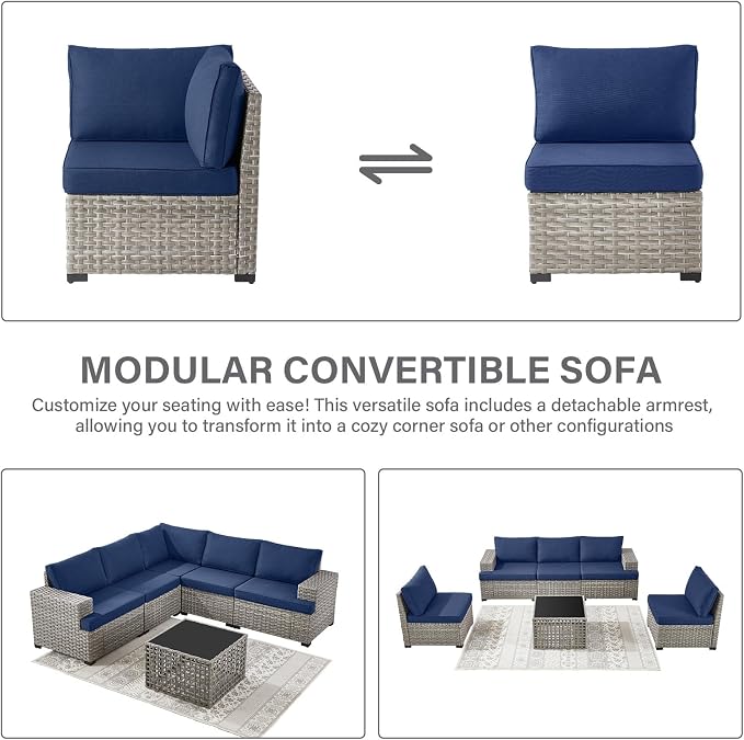 Belord 6 Piece Wicker Patio Furniture Set - 10" Wide Armrests Outdoor Sectional Couch, 5-Seater Modular Patio Conversation Set with Glass Coffee Table for Deck Sunroom Backyard