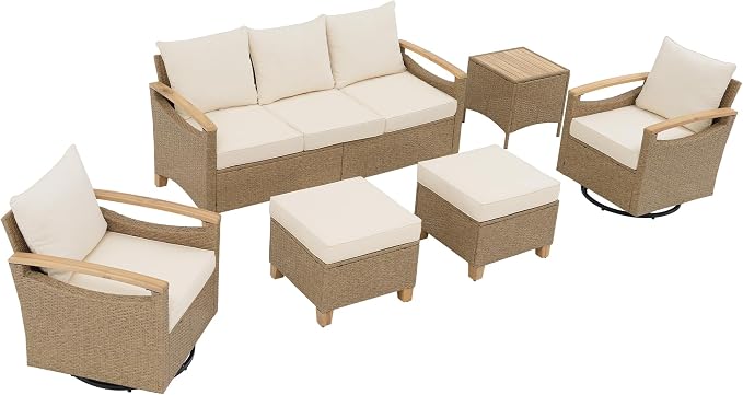 SUNSITT 6 Pieces Outdoor Furniture Set, Patio Wicker Conversation Sets with Swivel Chairs, Outdoor Sofa Set with 2 Ottomans, Beige Cushion