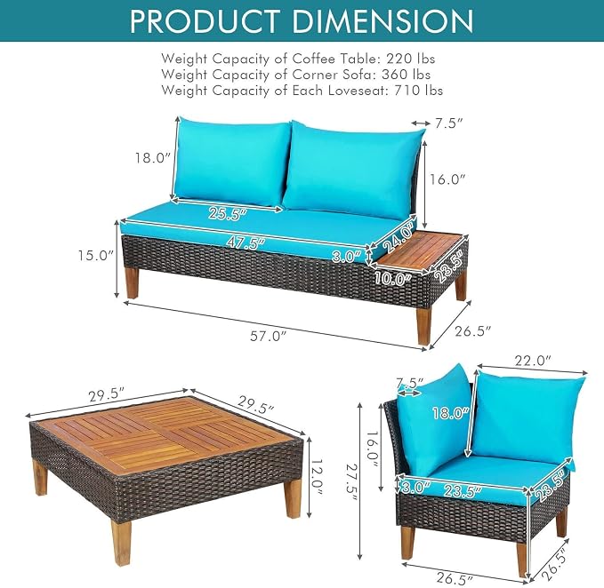4 Pieces Patio Rattan Furniture Set Modular Patio Furniture Set Sectional Wicker Sofa Set Cushioned Loveseat with Wooden Side Table