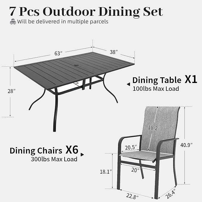 7pcs Patio Furniture Set, Outdoor Dining Table and Chairs Set | 63" Rectangle Metal Patio Table, Textilene Dining Chairs, Double-sized Umbrella Hole, Perfect for Garden Backyard Poolside
