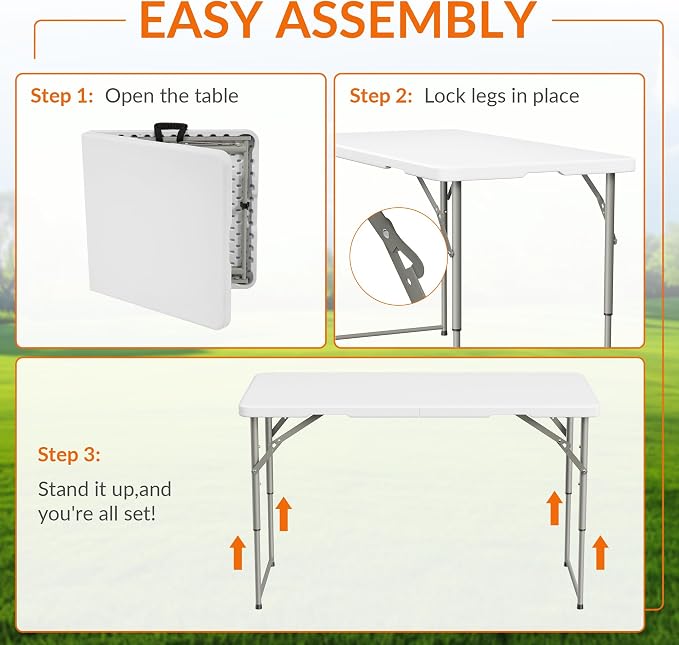 Elevon Folding Table Set with 4 White Folding Chairs,4 Feet Heavy Duty Fold-in-Half Utility Table Sets for Picnic, Event, Training, Outdoor Activities, at Home and Commercial Use