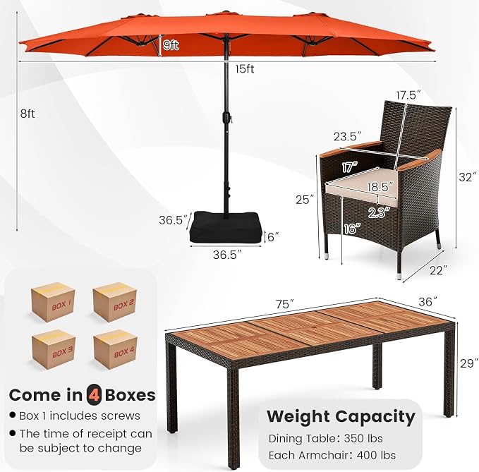 Tangkula 11 Piece Rattan Outdoor Dining Set with 15Ft Patio Umbrella for 8, Outdoor Wicker Table Set with 8 Cushioned Armchairs, Acacia Wood Top, Outdoor Umbrella with Base Included