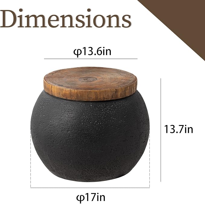 COSIEST Outdoor Side Table Set of 2, Black Drum Outdoor End Tables,17" Patio Side Table, Concrete Side Tables for Outside Faux-Wood Top Accent Table Stool for Yard, Garden, Indoor