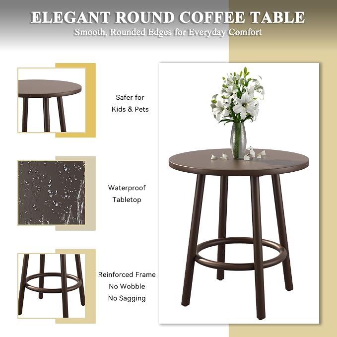 3 Piece Outdoor Chair Set with Side Table, 2 Patio Accent Chairs & Coffee Table, Sturdy Aluminum Frame, 6" Thick Cushions, 24" Wide Seat, All-Weather for Porch Deck Backyard, Brown