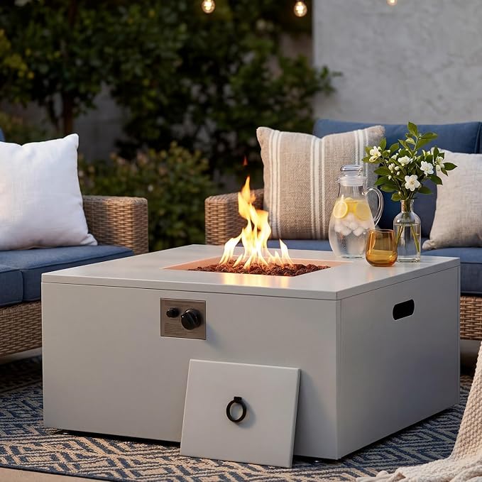 ECOTOUGE 8-Piece Half-Moon Curved Patio Furniture Set with Fire Pit Table, Wicker Rattan Sectional Sofa with Thick Cushions, Outdoor Conversation Set for Backyard Garden No Tank Cover(Beige, Grey)