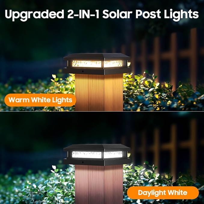 Solar Post Cap Lights 16 Pack for 4x4 4.5x4.5 5x5 Vinyl/Wood Posts, Black | Upgraded Outdoor Fence Post Lights, Warm White/Cool White, Deck Posts Cap Light Solar Powered for Garden Patio Porch