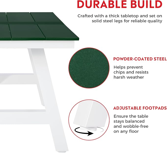 Costaelm Stinson 7-Piece Outdoor HDPE Patio Dining Table Set with Umbrella Hole & Dining Chairs for 6, Dark Green