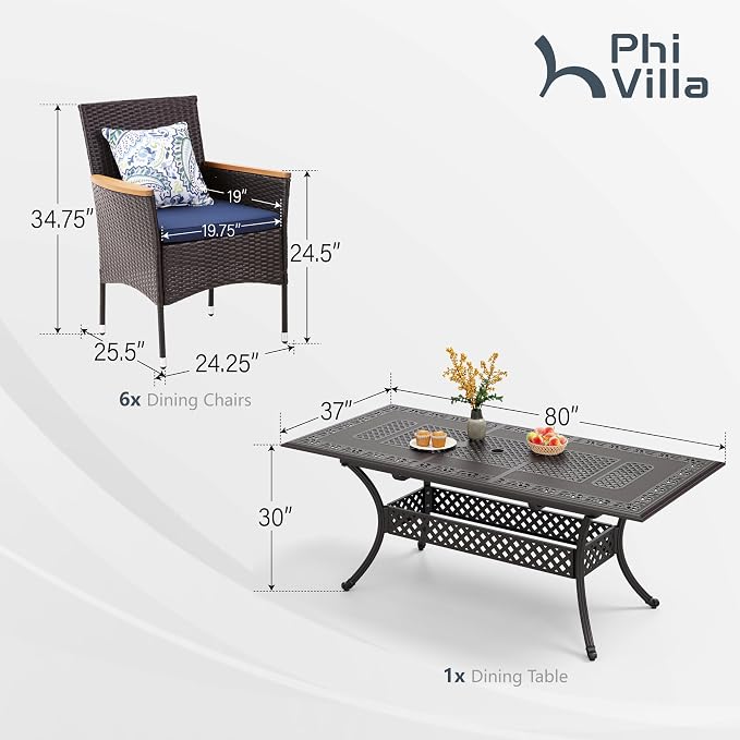PHI VILLA 7 Pieces Expandable Cast Aluminum Outdoor Dining Set for 6, Extendable Metal Table with Umbrella Hole & Cushioned Wicker Rattan Chairs, Dining Furniture Set for Patio, Deck, Porch and Yard