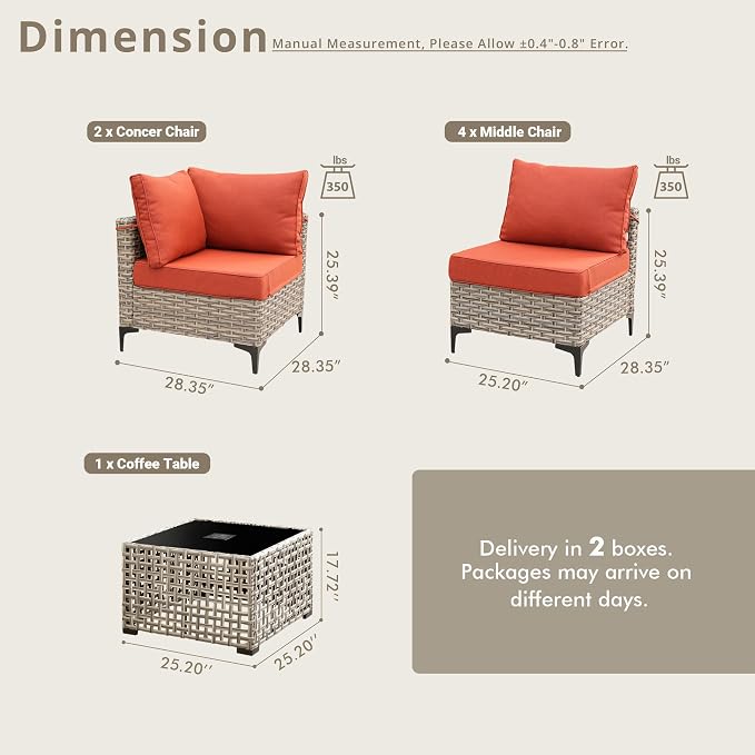 7 Pieces Patio Sectional Furniture Set, Outdoor Wicker Sectional Couch with Solar Lights Table, Modern Conversation Set for Porch Balcony Backyard, Red