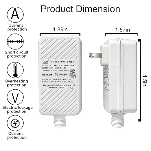 Class 2 Power Supply for Permanent Outdoor Light,24V 2.5A 60W Power Adapter | LED Transformer Replacement and Suitable for Permanent Outdoor Lighting Within 100ft
