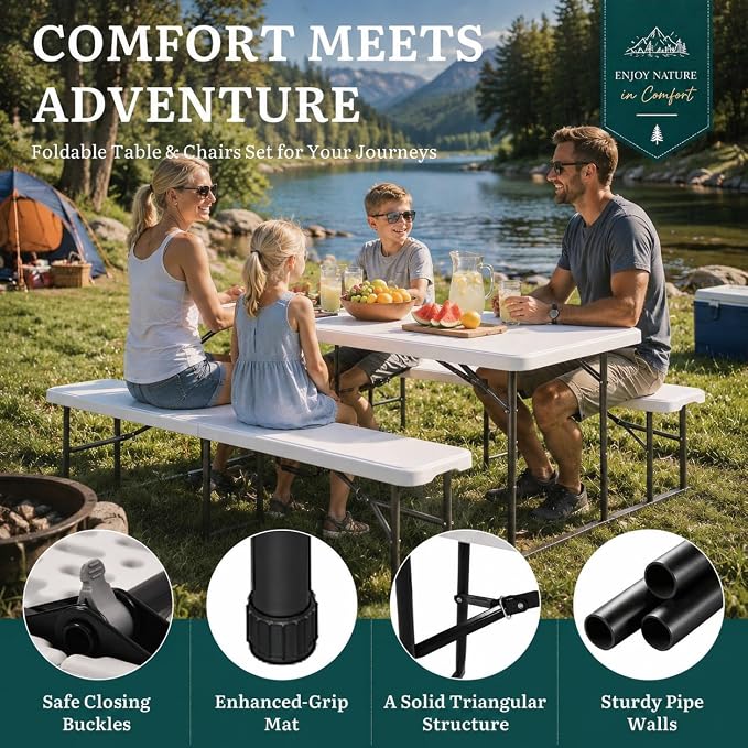 YITAHOME 4.5ft Folding Picnic Table with Benches, Heavy Duty 4.5 ft Picnic Tables for Outdoors, Portable Outdoor Table with Center Lock & Non-Slip Feet for Backyard, Camping, Beach, White