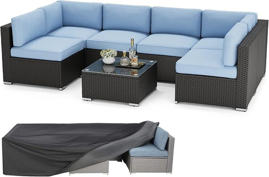 SOLAURA 7 Pieces Outdoor Patio Furniture Set, Black Brown Rattan Outdoor Patio Sectional Conversation Set, Modular Sofa Set with Coffee Table, Sky Blue (Include Sofa Cover)