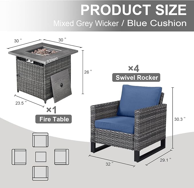 Belord 5 Pieces Wicker Patio Furniture Set: 4 Outdoor Club Chairs Patio Conversation Set with 50000BTU Propane Fire Pit Table, All Weather Brown Rattan Anti-Rust Frame, Blue Cushion