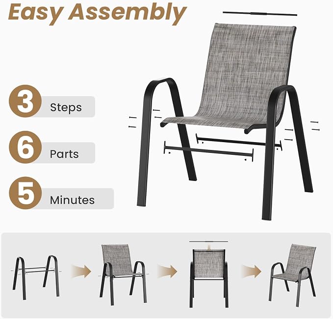 Soohow Patio Dining Set for 4, 5-piece Outdoor Dining Set 4 x Stackable Patio Chairs & 1 x Wood-Like Round Table with Umbrella Hole, All-Weather Outdoor Table and Chairs for Backyard, Balcony, Porch