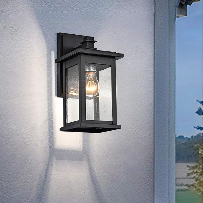 MICSIU 2 Pack Matte Black Outdoor Wall Sconce, 12 Inch Vintage Farmhouse | Square Exterior Light Fixtures with Clear Seedy Glass, Waterproof Outside Wall Mountnt Light for House, Porch, Garage
