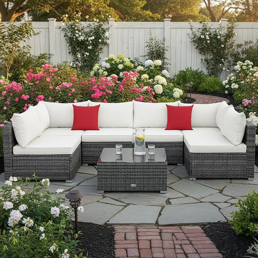 Tangkula 7 Pieces Wicker Patio Furniture Set, All-Weather Outdoor Rattan Sectional Sofa Set with Cushions & Tempered Glass Coffee Table, Outside Sofa Set for Garden, Lawn, Deck, Backyard (White)
