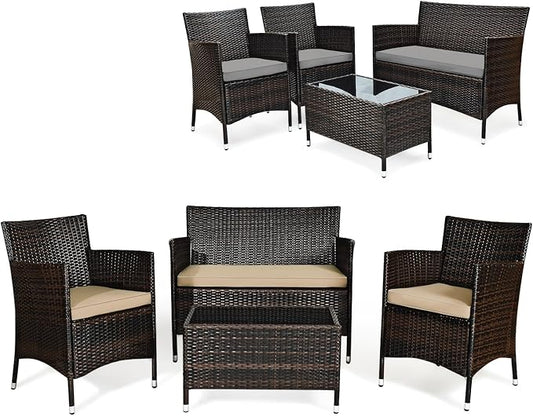 4 Pieces Patio Sofa Set, Wicker Conversation Set with Ergonomic Curved Backrest, Patio Rattan Furniture Set with Soft Cushion, Gray Cover & Tempered Glass Table for Balcony, Porch (Brown)