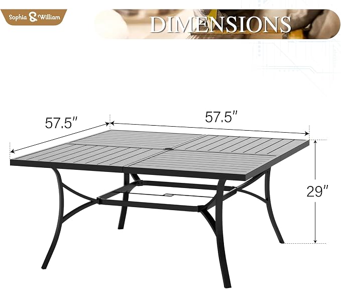 Sophia & William 60" Large Outdoor Patio Table for 8, Outdoor Square Metal Dining Table with 1.9" Adjustable Umbrella Hole, All Weather Wrought Iron Furniture Black Table for Garden Deck